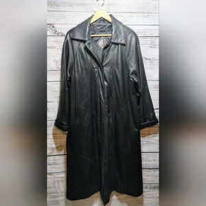 Vintage Tiboa Black Leather Trench Coat L Long 100% Leather Classic Overcoat